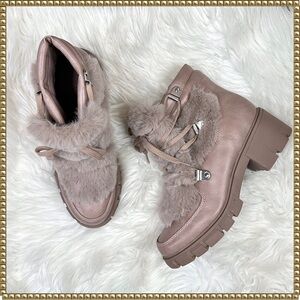 XOXO Odonna Taupe Lace Up Fur Buckle Ankle Booties 9.5